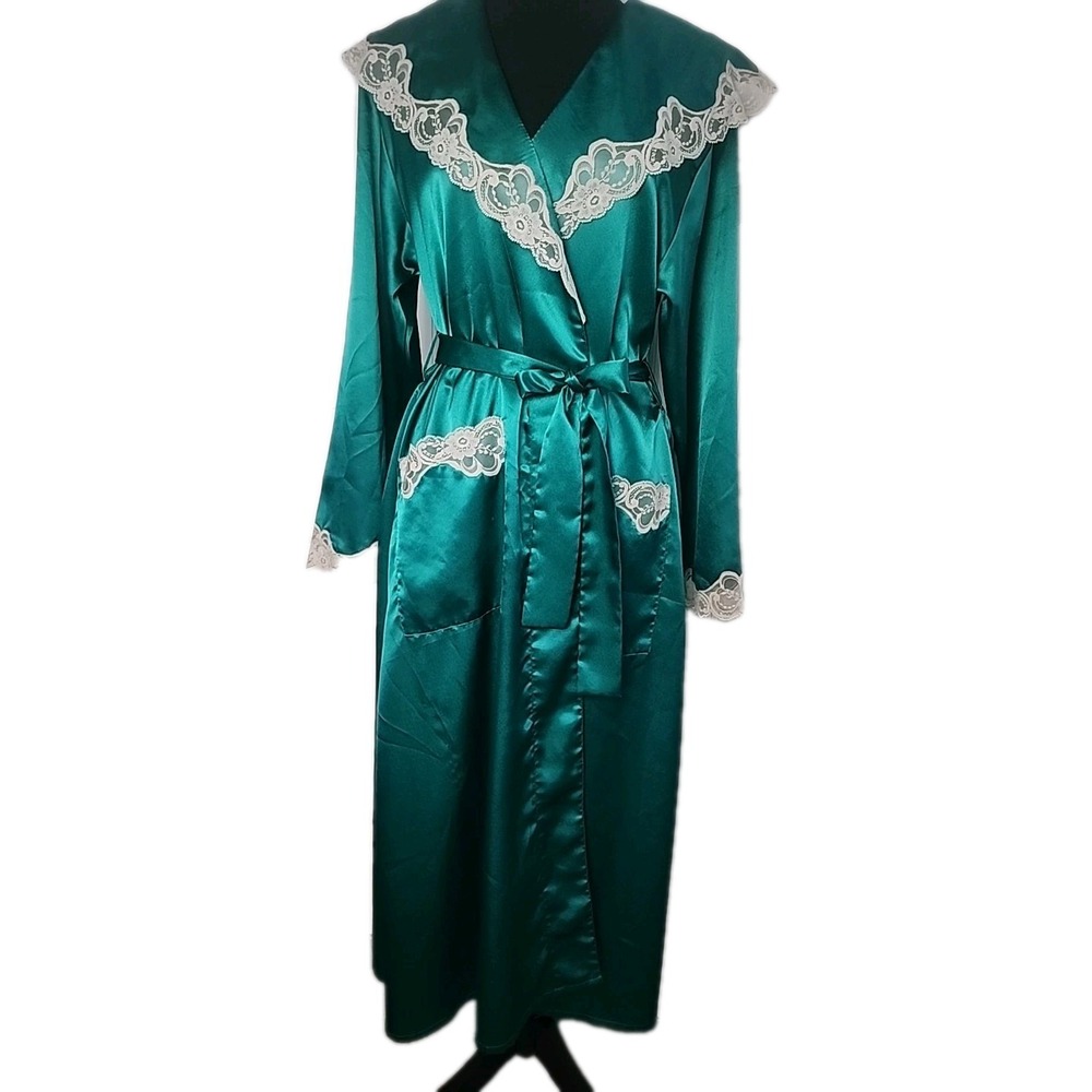 Vintage Victoria Secret Gold Label Satin Lace Robe Small Emerald Green Lingerie